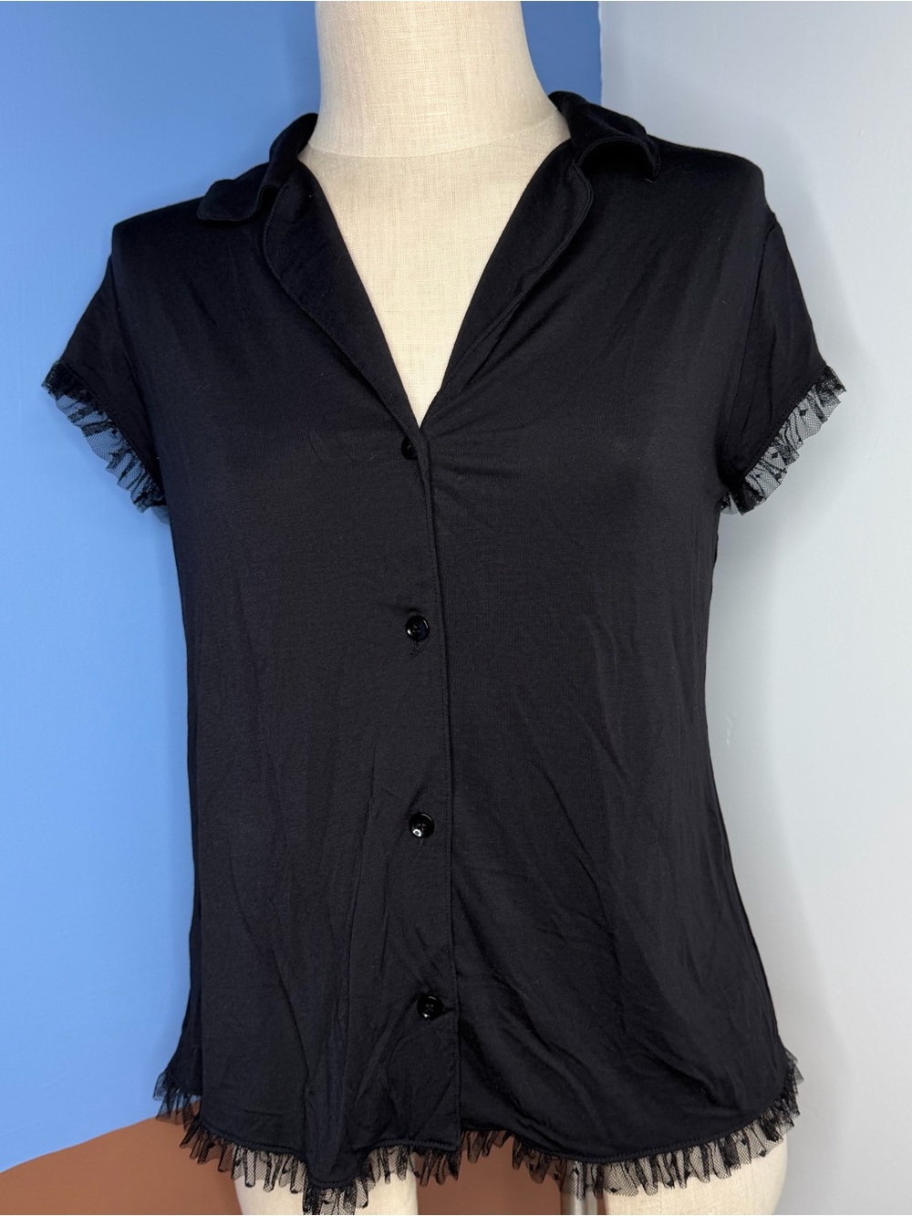 Eberjey Iona Short Sleeve Ruffle Panama Top Black Size Small